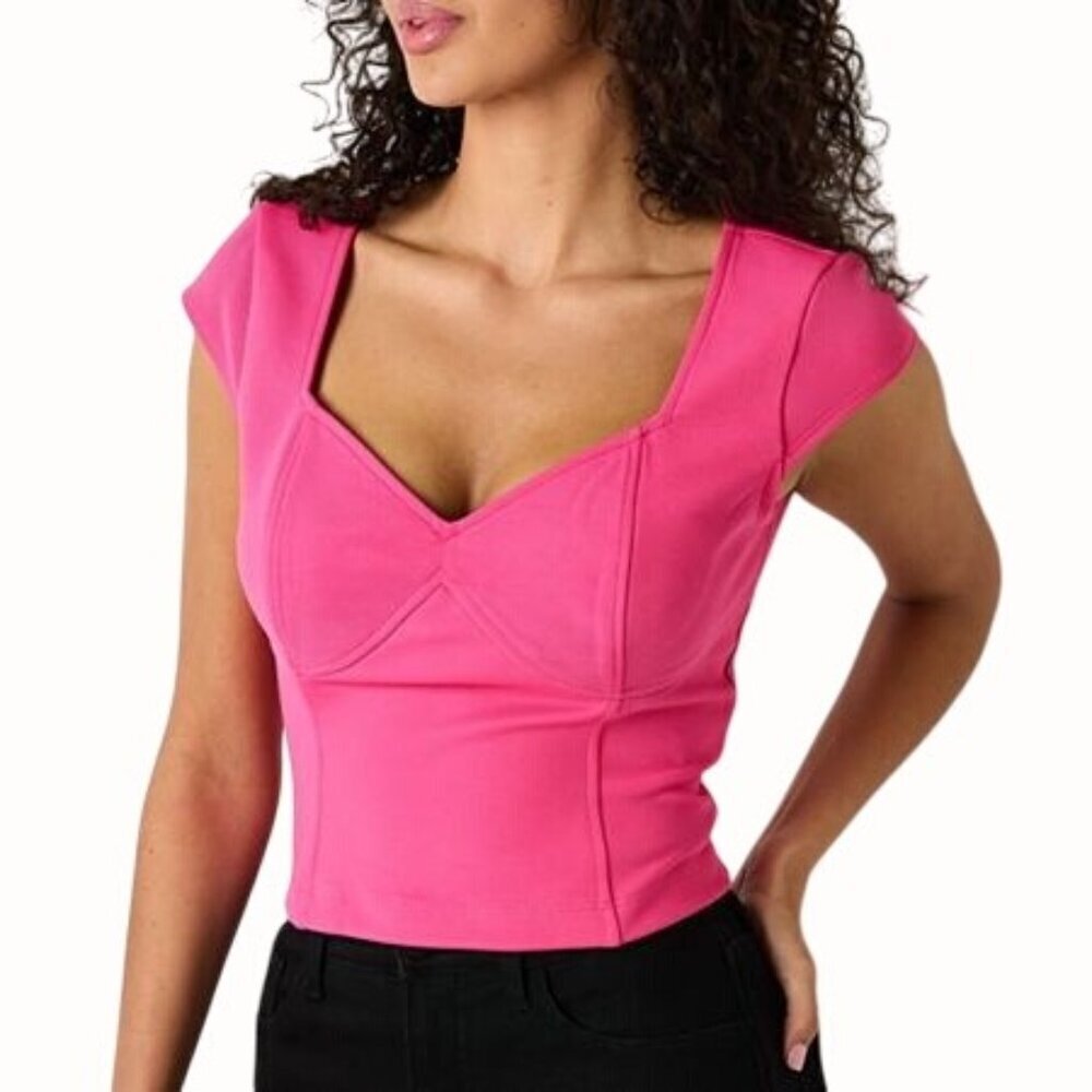 Women's Hot Pink Square-Neck Stretch Cap-Sleeve Top